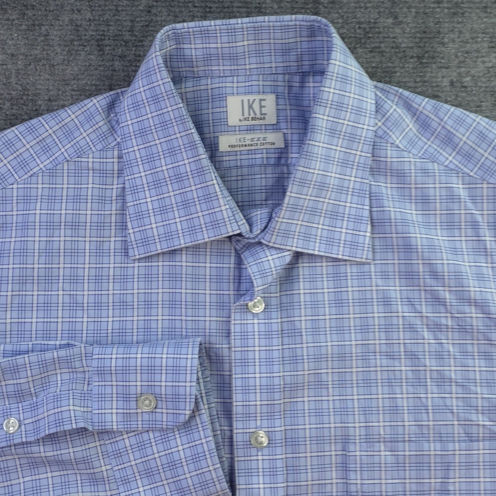 Ike Behar Dress Shirt‎ 16 33 Blue Check Ikeeze Performance Cotton Spread Collar